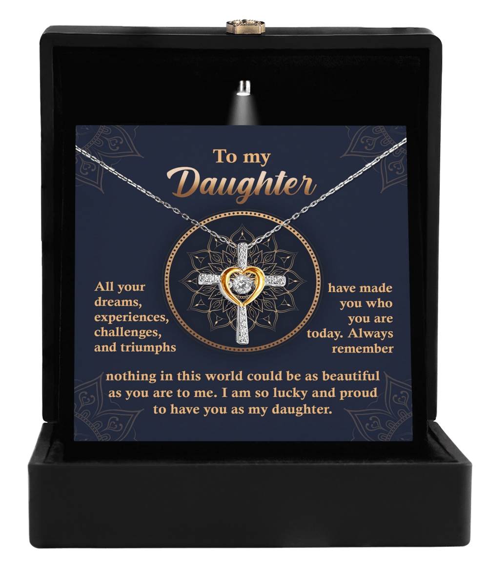 Daughter, Proud of You Cross Pendant Necklace Birthday Wedding Graduation Gift