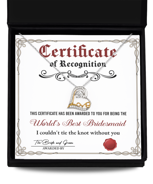 Bridesmaid Gift - Certificate Of Recognition Love Dancing Heart Pendant Necklace