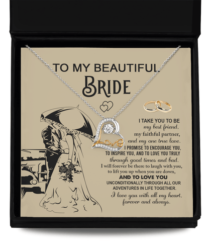 To My Beautiful Bride - My Best Friend, Faithful Partner Love Dancing Heart Pendant Necklace Wedding Day Gift