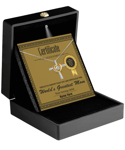 World's Greatest Mom Personalized Certificate of Achievement Cross Pendant Necklace