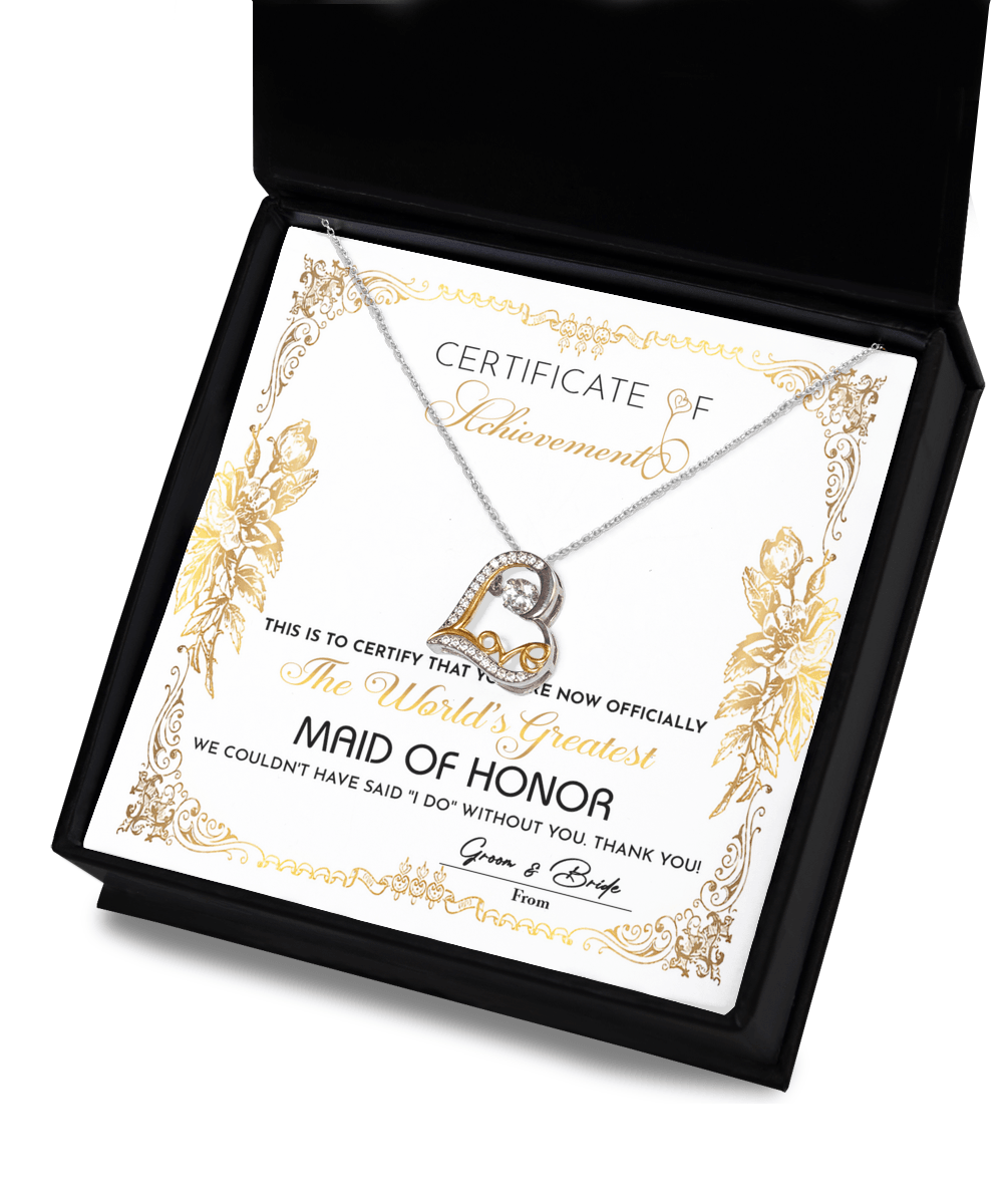 Maid Of Honor Wedding Day Gift - Certificate Of Achievement - Love Dancing Heart Pendant Necklace