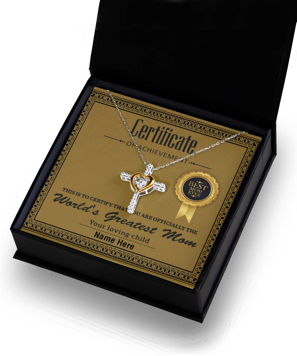 World's Greatest Mom Personalized Certificate of Achievement Cross Pendant Necklace