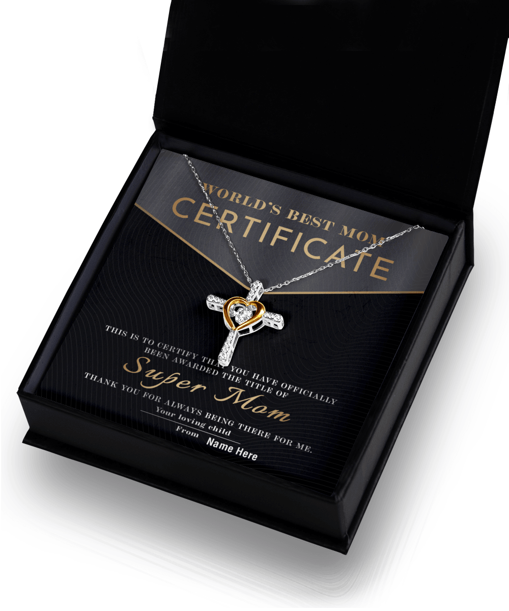 Certificate of World's Best Super Mom Cross Pendant Necklace