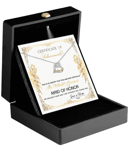 Maid Of Honor Wedding Day Gift - Certificate Of Achievement - Love Dancing Heart Pendant Necklace