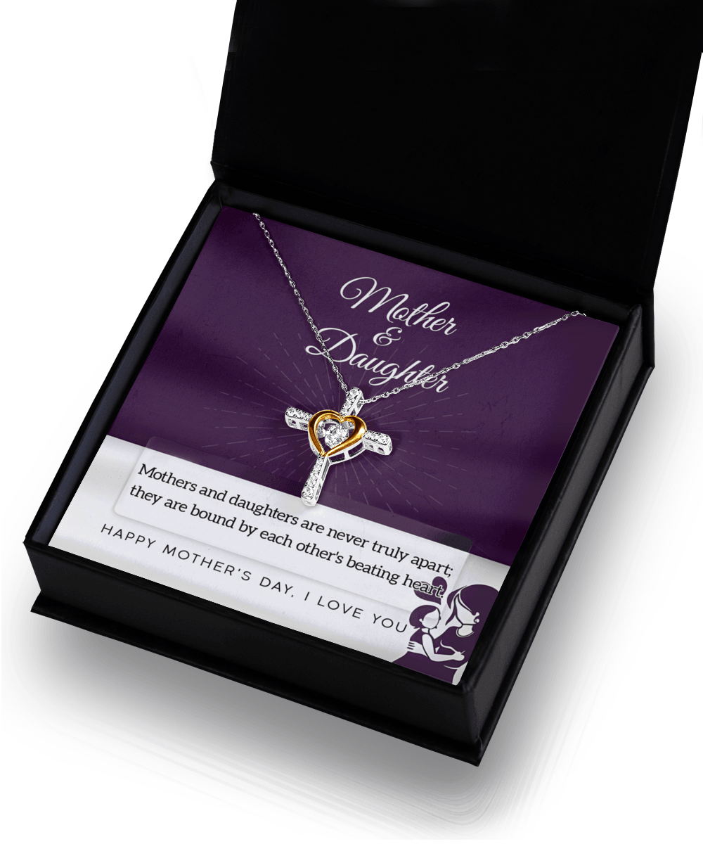 Mother Jewelry Gift - Mother and Daughter Bound by Heart Cross Pendant Necklace