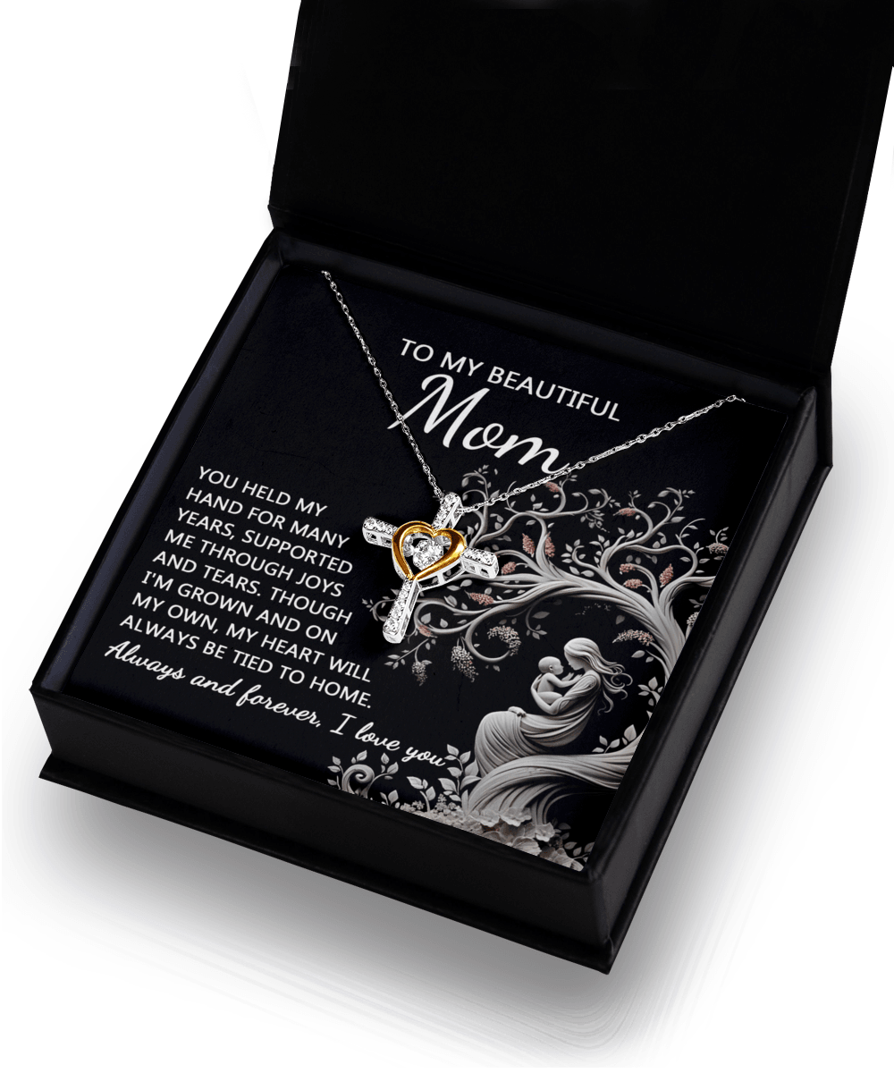 To My Beautiful Mom My Heart Will Always Be Tied to Home Cross Pendant Necklace