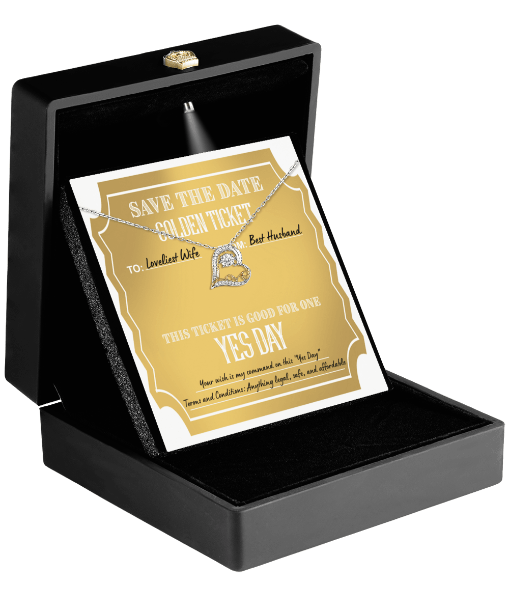 Wife Wedding Day Gift - Golden Ticket - Love Dancing Heart Pendant Necklace