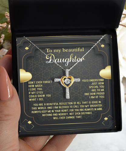 Daughter Gift for Birthday, Christmas, Graduation - Proud of You - Beautiful Reflection Cross Pendant Necklace