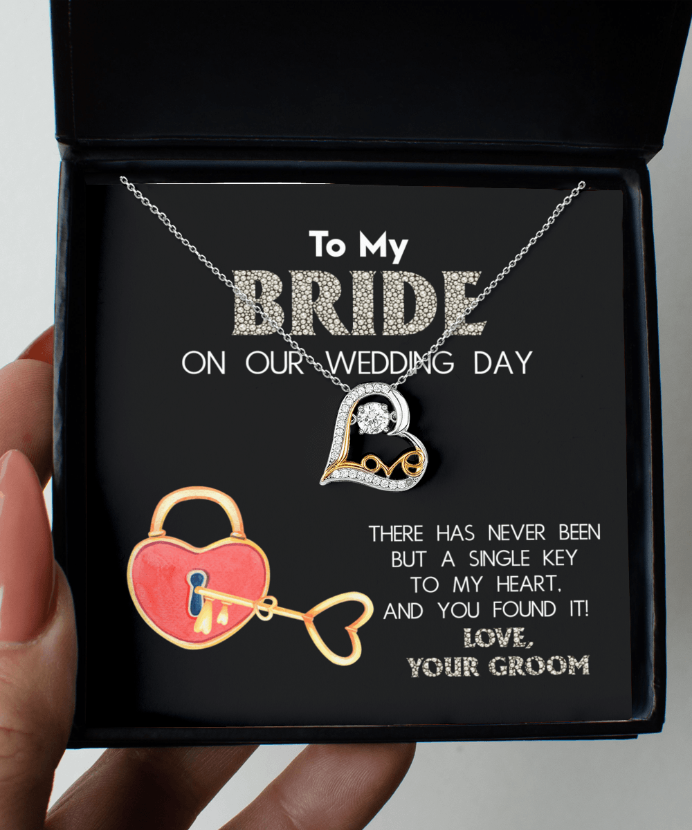 To My Bride on Our Wedding Day - You Have the Single Key to My Heart Love Dancing Heart Pendant Necklace