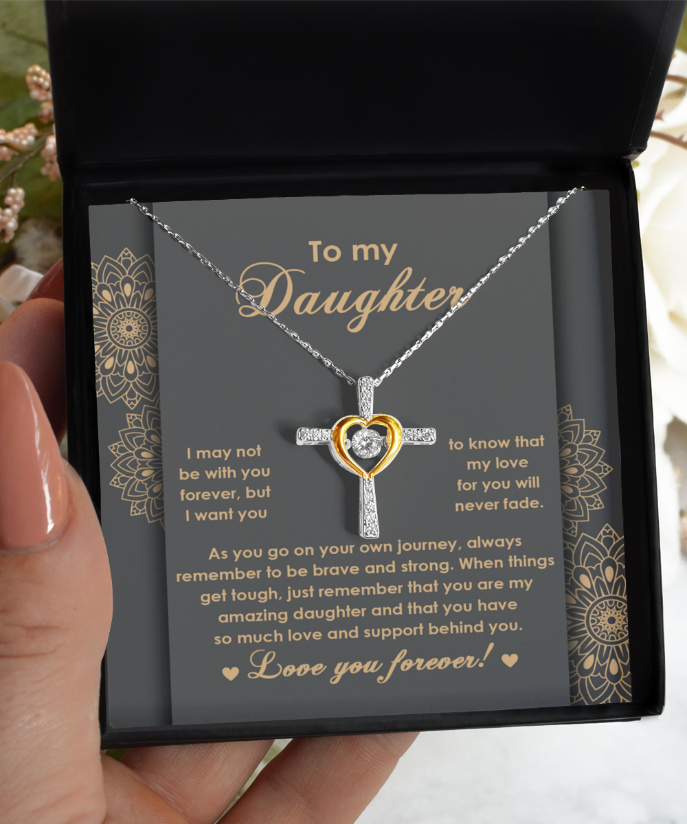 Daughter Gift for Birthday, Christmas, Graduation Inspirational Brave and Strong Cross Pendant Necklace