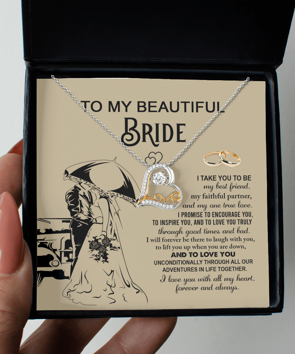 To My Beautiful Bride - My Best Friend, Faithful Partner Love Dancing Heart Pendant Necklace Wedding Day Gift