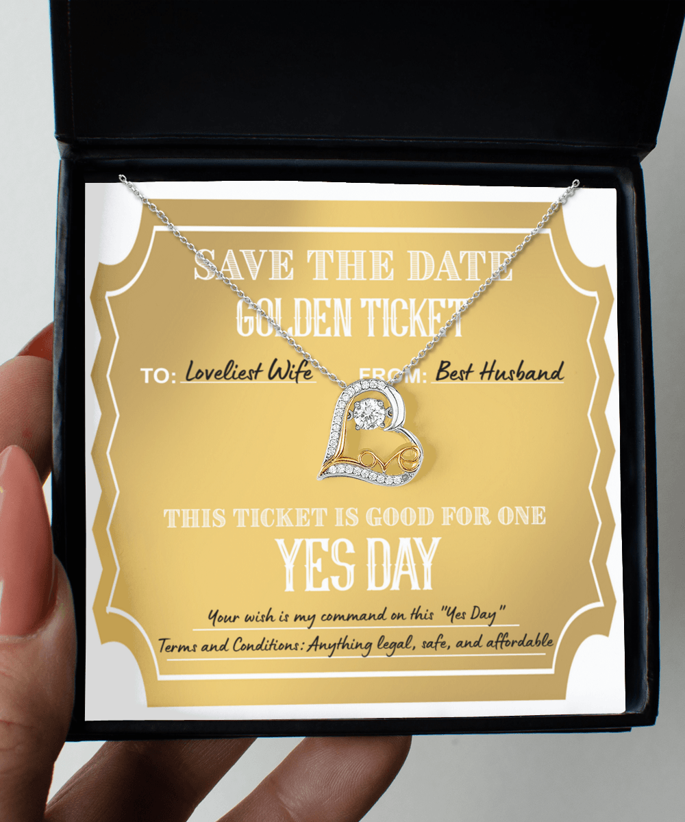 Wife Wedding Day Gift - Golden Ticket - Love Dancing Heart Pendant Necklace