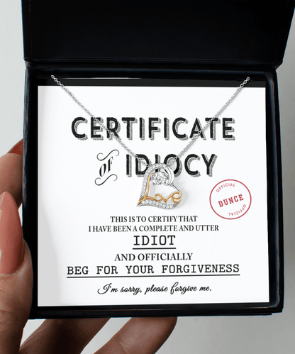 Apology Gift for Girlfriend, Wife, Soulmate - Sorry, Certificate Of Idiocy - Love Dancing Heart Pendant Necklace