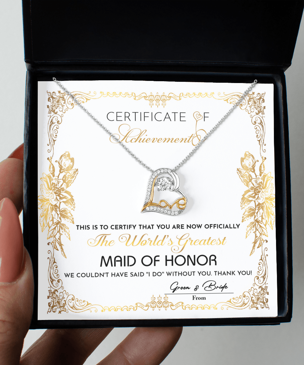 Maid Of Honor Wedding Day Gift - Certificate Of Achievement - Love Dancing Heart Pendant Necklace