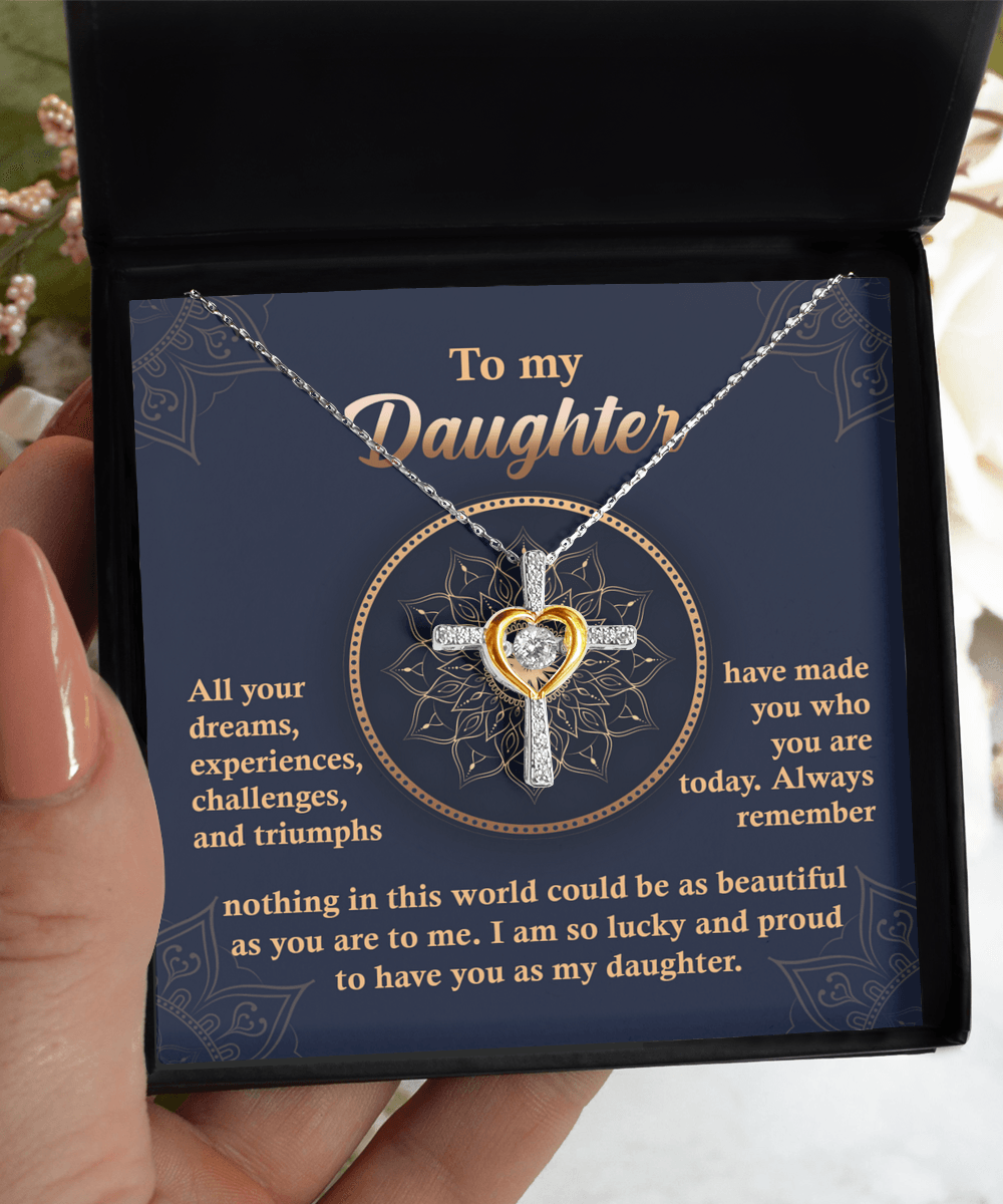 Daughter, Proud of You Cross Pendant Necklace Birthday Wedding Graduation Gift