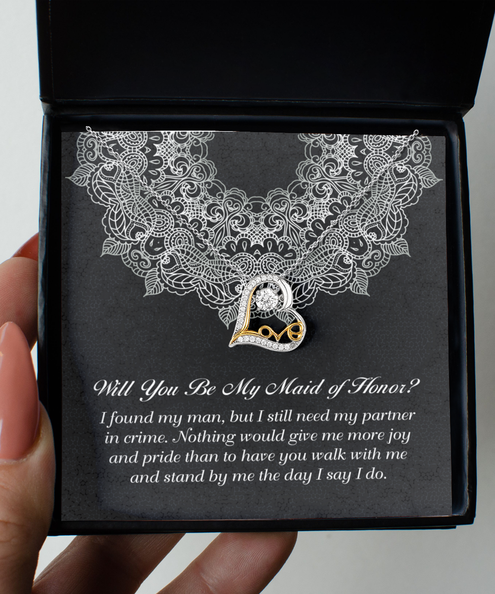 Maid of Honor Wedding Proposal Gift - Partner In Crime - Love Dancing Heart Pendant Necklace