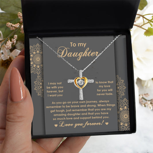 Daughter Gift for Birthday, Christmas, Graduation Inspirational Brave and Strong Cross Pendant Necklace