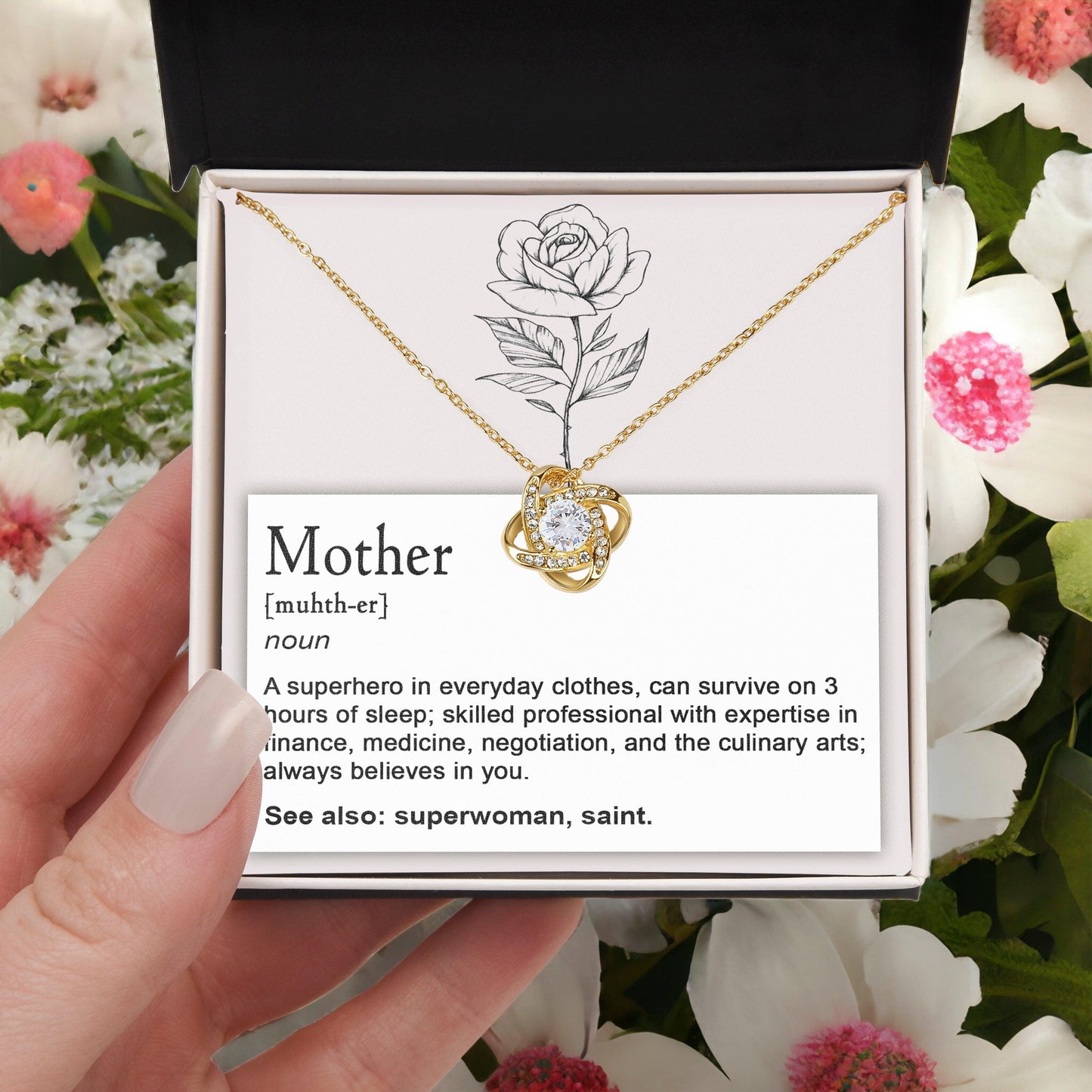Mother, Definition - Superhero, Saint Love Knot Necklace Mother's Day, Birthday Gift for Mom - Mallard Moon Gift Shop