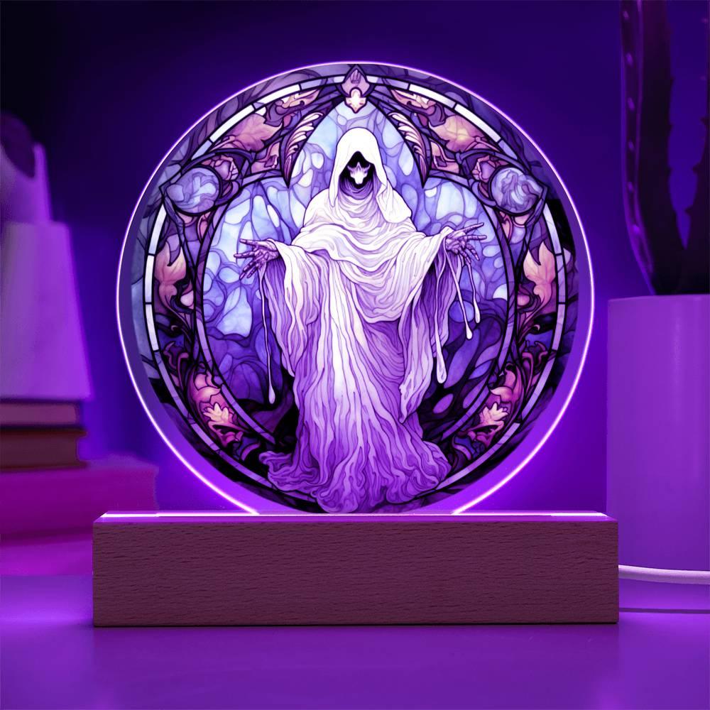 Mystical Spirit Halloween Stained Glass Acrylic Plaque with LED Lighted Wood Base - Mallard Moon Gift Shop