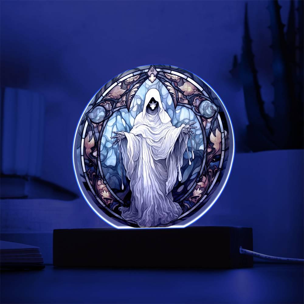 Mystical Spirit Halloween Stained Glass Acrylic Plaque with LED Lighted Wood Base - Mallard Moon Gift Shop