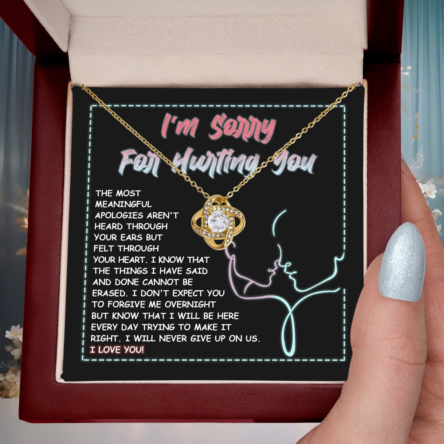 Apology Gift for Girlfriend, Wife, Soulmate - Sorry, Never Give Up -Love Knot Pendant Necklace