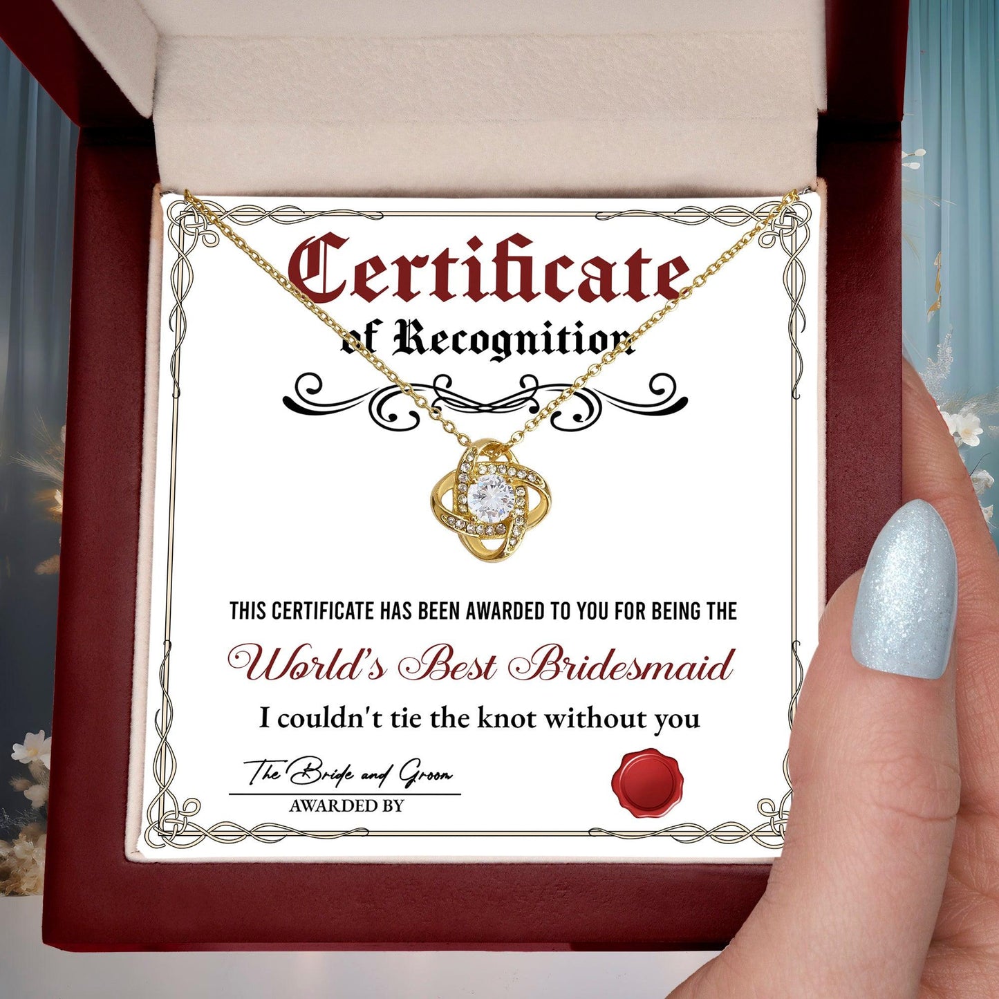 Bridesmaid Gift - Certificate Of Recognition Love Knot Pendant Necklace