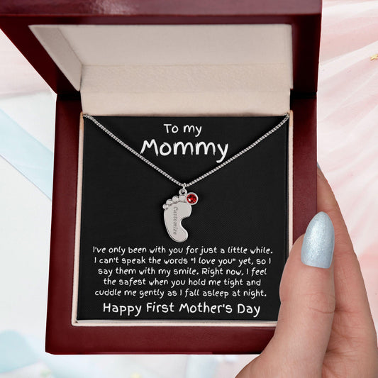 New Mom First Mother's Day Gift Engraved Baby Feet Birthstone Charm Necklace - Mallard Moon Gift Shop