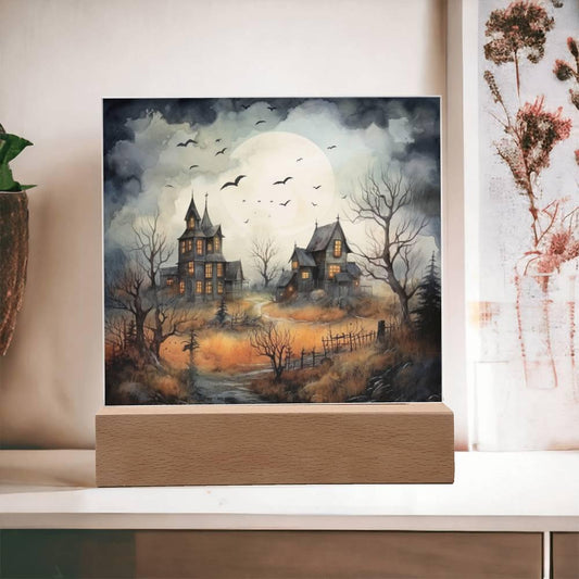 Nightshade Nook: Spooky Halloween Mansion Acrylic Plaque - Mallard Moon Gift Shop