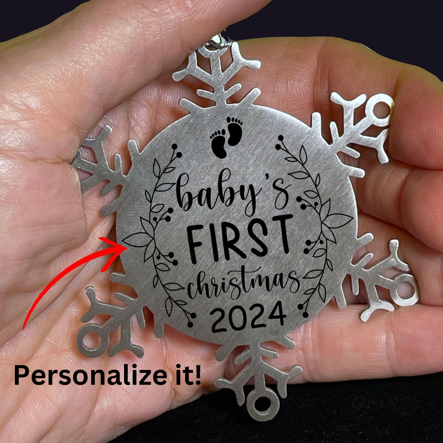 Baby's First Christmas 2024 Laser Engraved Stainless Steel Snowflake Ornament