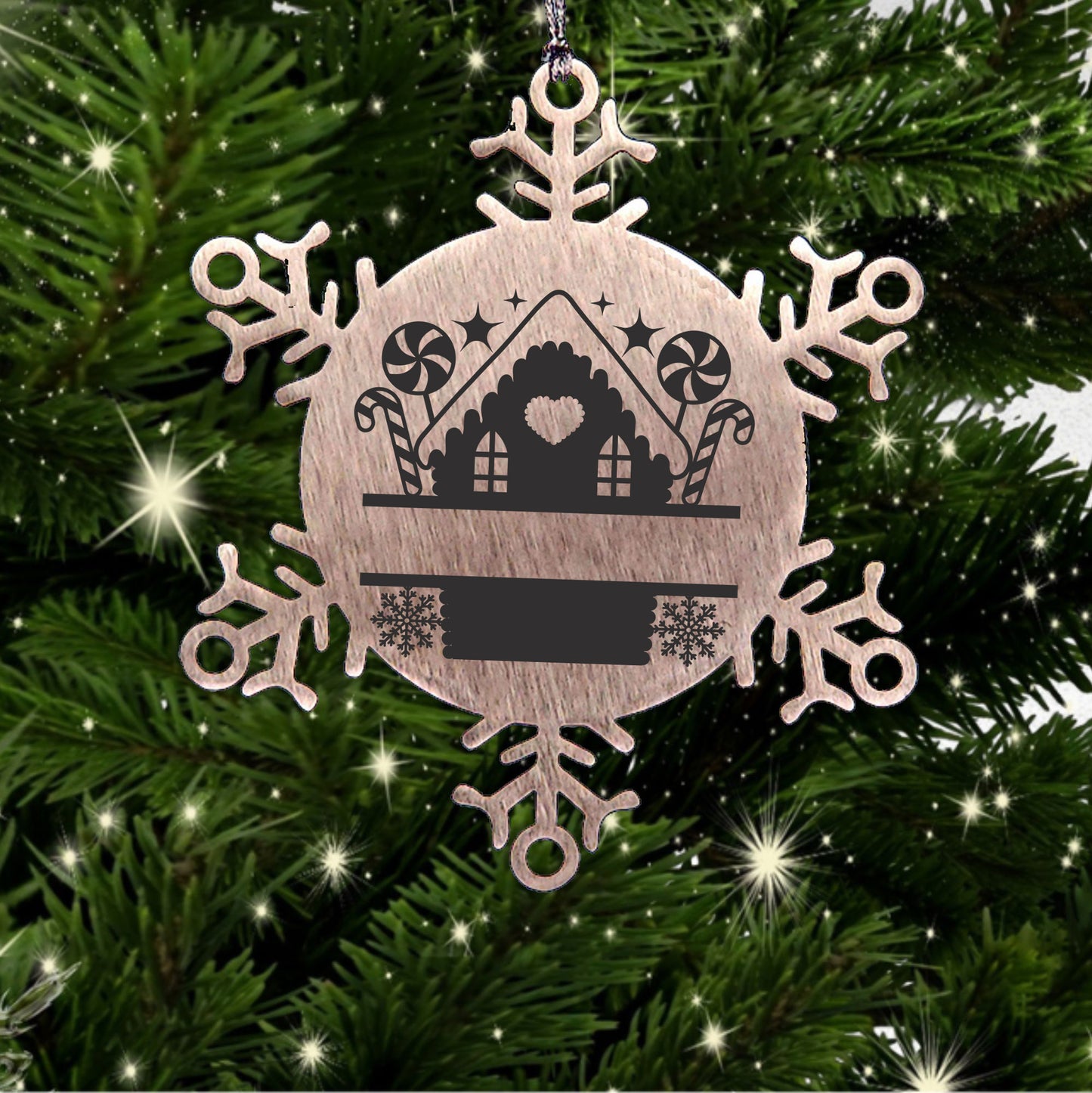 Personalized Snowflake Tree Ornament Family Name Laser Engraved Stainless Steel Gingerbread House