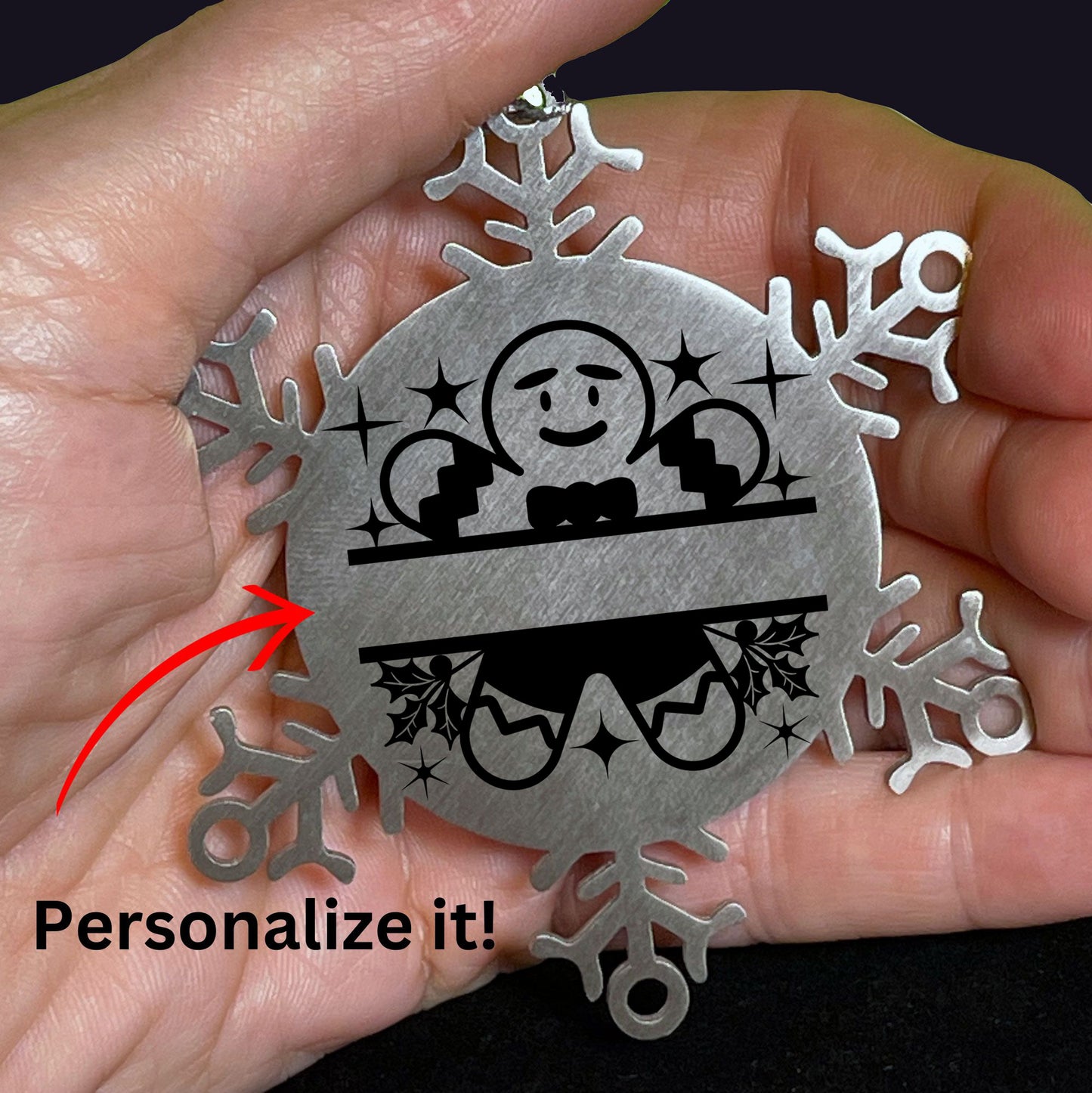 Personalized Gingerbread Man Snowflake Wreath Tree Ornament Family Name Laser Engraved Stainless Steel