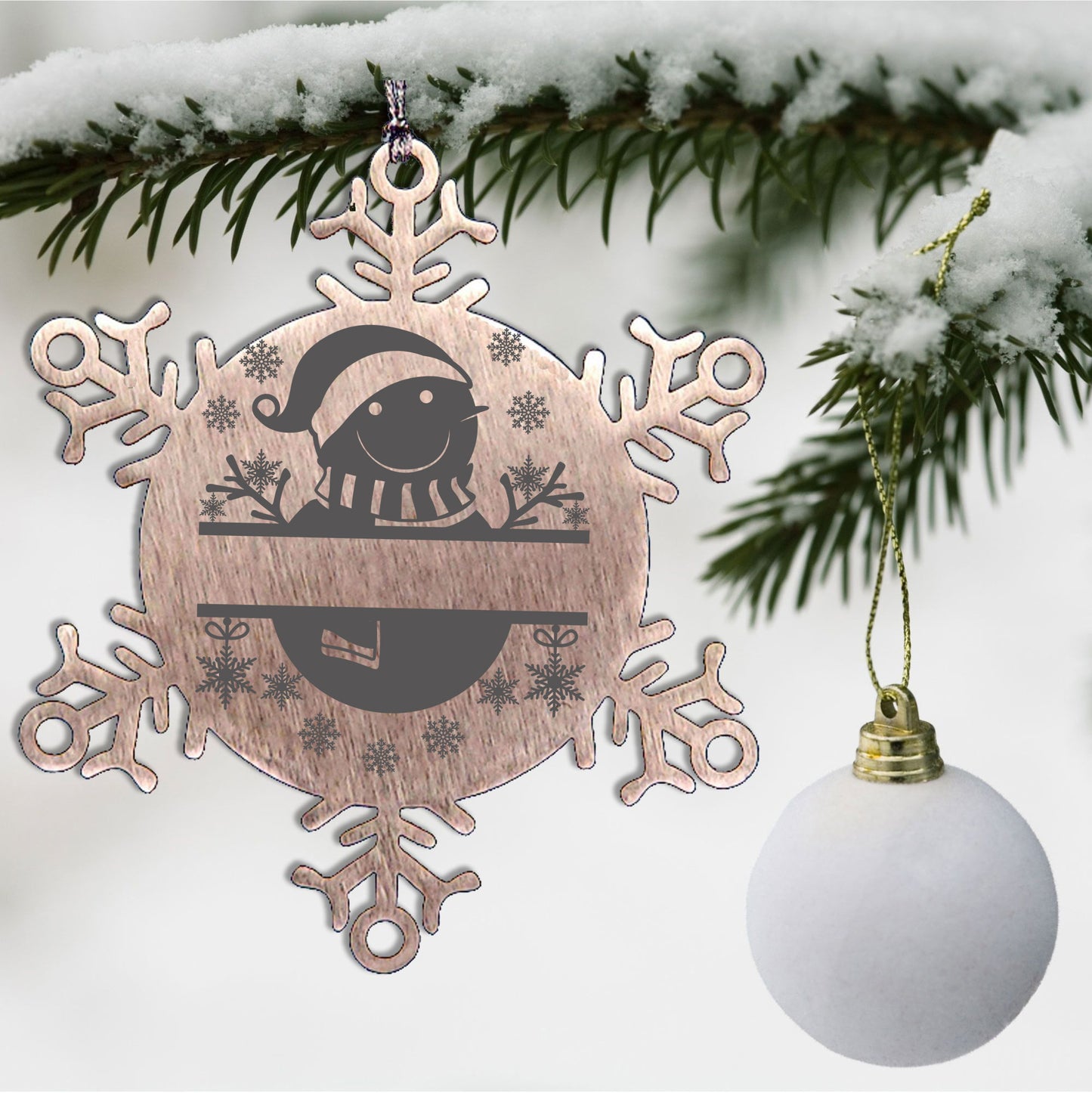 Personalized Snowman Snowflake Tree Ornament Family Name Laser Engraved Stainless Steel