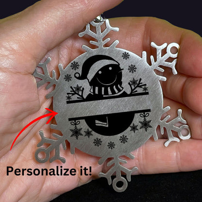 Personalized Snowman Snowflake Tree Ornament Family Name Laser Engraved Stainless Steel