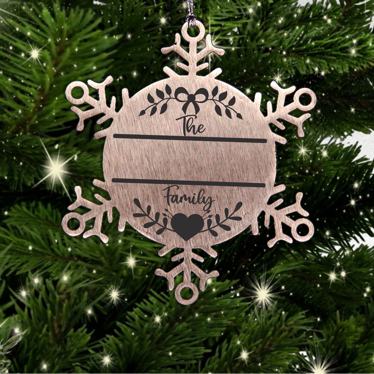 Personalized Family Name Laser Engraved Stainless Steel Snowflake Tree Ornament