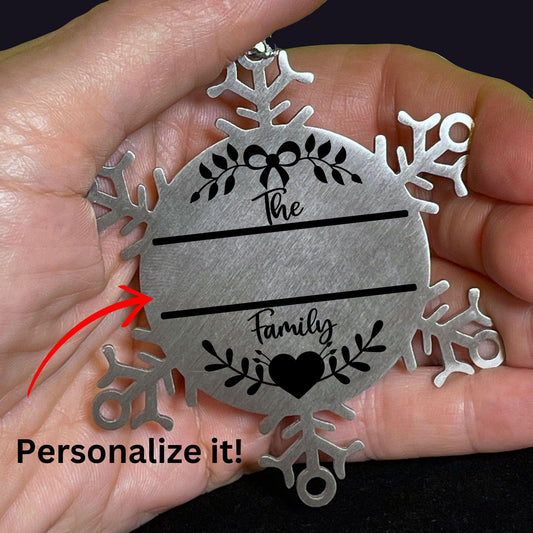 Personalized Family Name Laser Engraved Stainless Steel Snowflake Tree Ornament