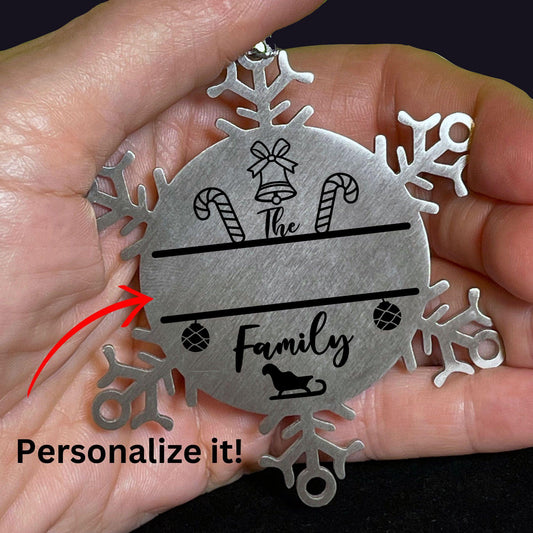 Personalized Ornament Family Name Laser Engraved Stainless Steel Snowflake Candy Canes Tree Ornament