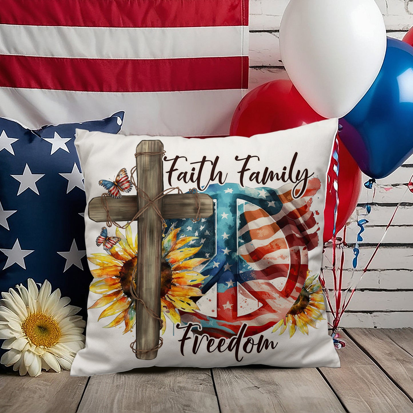 Faith Family Freedom Patriotic Indoor-Outdoor Pillow