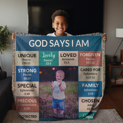 Personalized Photo and Name - God Says I Am Loved Gift for Son, Grandson, Godson Heirloom Woven Blanket - Mallard Moon Gift Shop