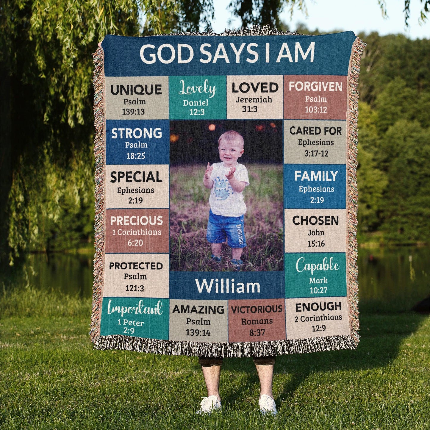 Personalized Photo and Name - God Says I Am Loved Gift for Son, Grandson, Godson Heirloom Woven Blanket - Mallard Moon Gift Shop