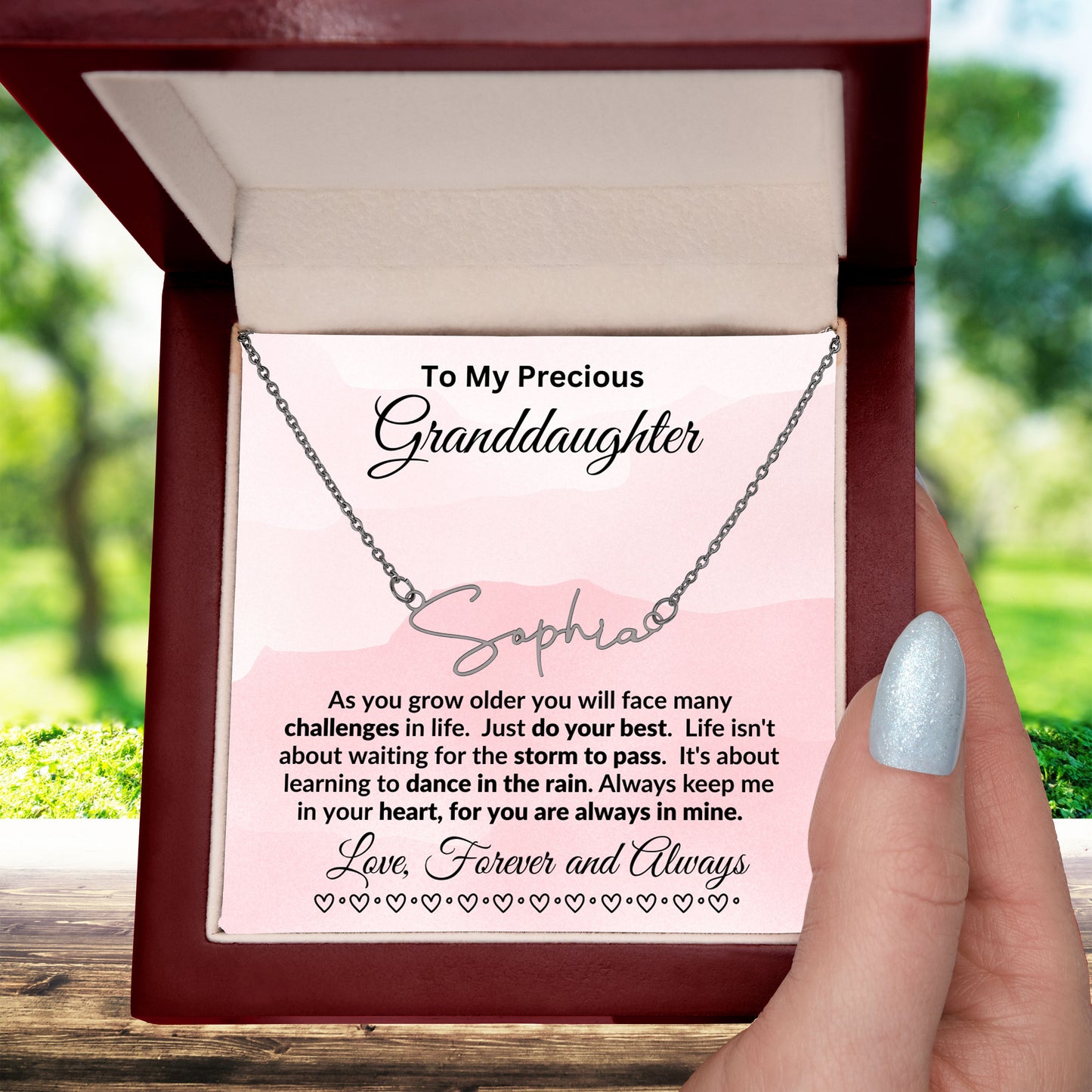 To My Precious Granddaughter Dance in the Rain Personalized Script Name Necklace