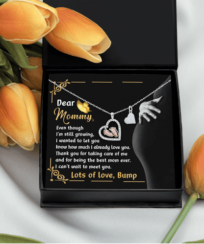 Pregnancy Gift Silver Baby Feet Pendant Necklace Dear Mommy, Lots Of Love, Bump - Mallard Moon Gift Shop