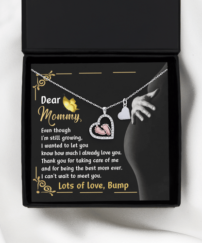 Pregnancy Gift Silver Baby Feet Pendant Necklace Dear Mommy, Lots Of Love, Bump - Mallard Moon Gift Shop