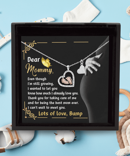 Pregnancy Gift Silver Baby Feet Pendant Necklace Dear Mommy, Lots Of Love, Bump - Mallard Moon Gift Shop