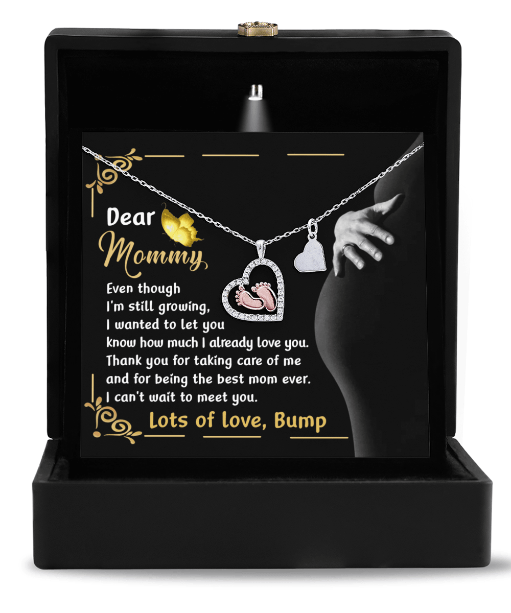 Pregnancy Gift Silver Baby Feet Pendant Necklace Dear Mommy, Lots Of Love, Bump - Mallard Moon Gift Shop