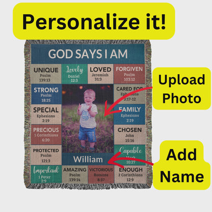 Personalized Photo and Name - God Says I Am Loved Gift for Son, Grandson, Godson Heirloom Woven Blanket