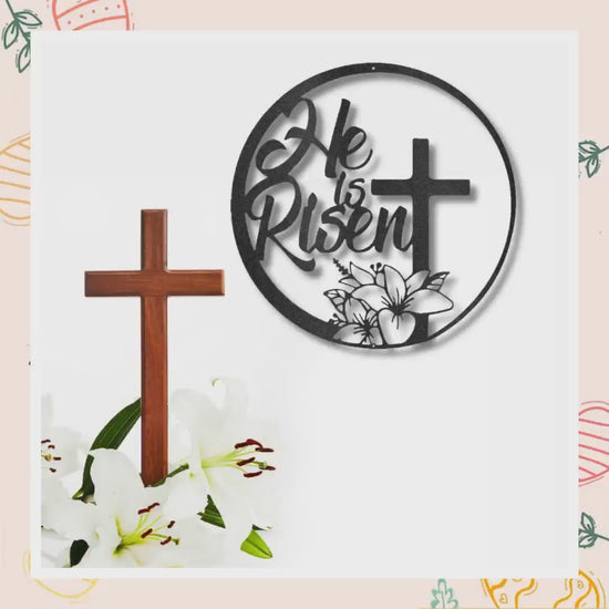 He is Risen Easter Cross and Lilly Metal Art Wall Sign by@Outfy