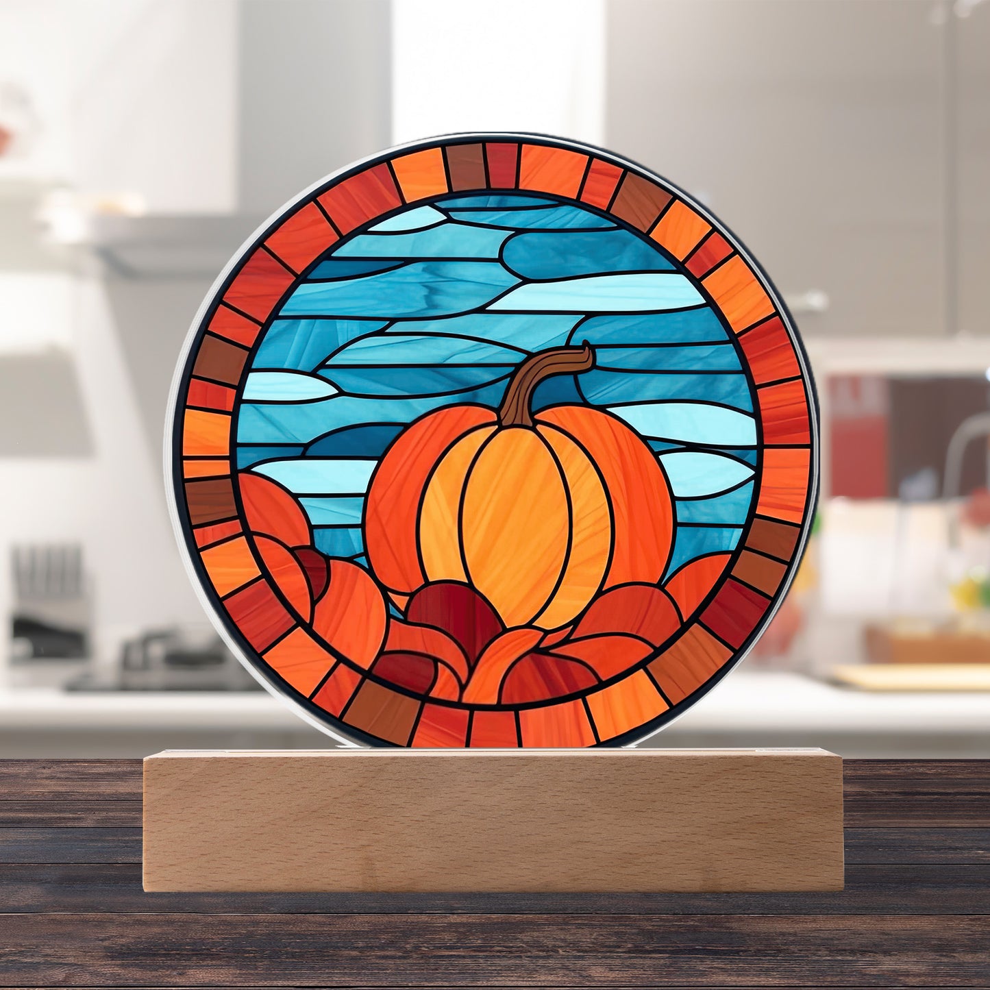 Pumpkin Stained-Glass Fall, Halloween, or Thanksgiving Home Decor Round Acrylic Plaque with Lighted LED Wooden Base