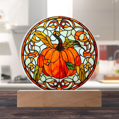 Pumpkin Stained-Glass Fall, Halloween, or Thanksgiving Home Decor Round Acrylic Plaque with Lighted LED Wooden Base