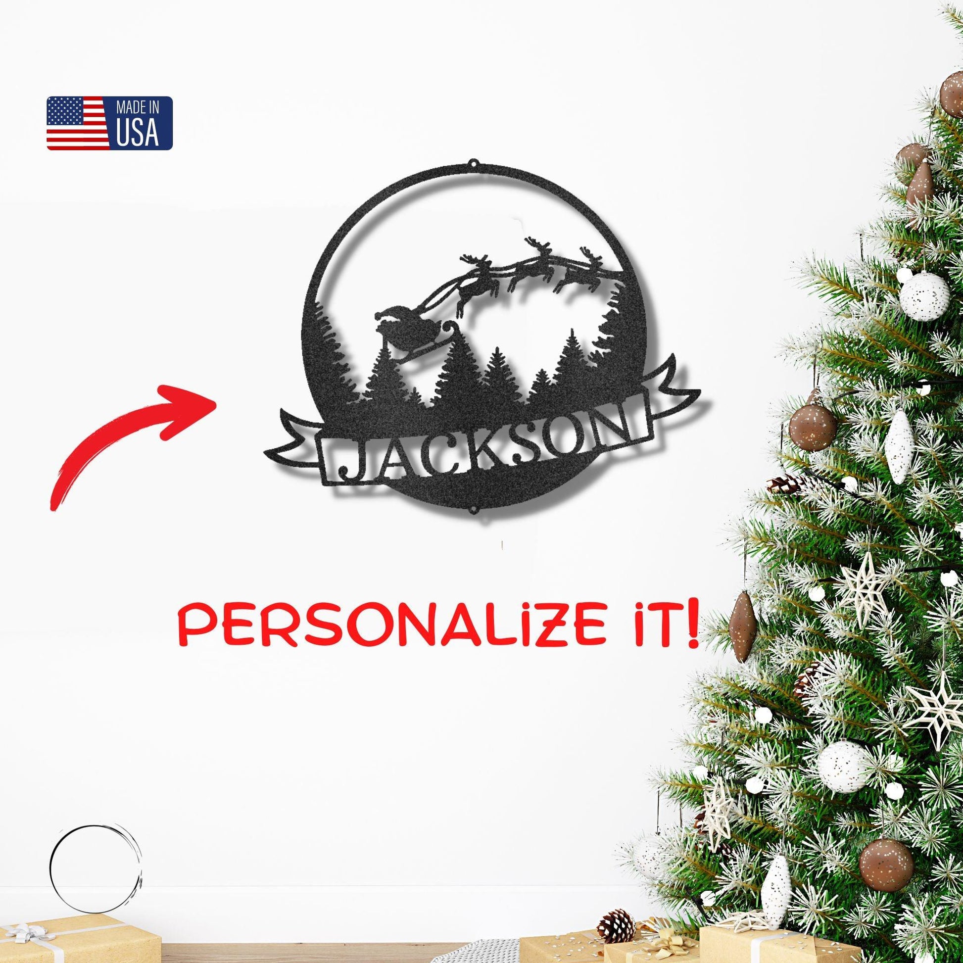 Santa's Sleigh with Reindeer Personalized Christmas Decor Metal Art Wall Sign - Mallard Moon Gift Shop