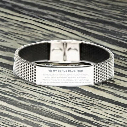 Bonus Daughter Inspirational Stainless Steel Silver Shark Mesh Bracelet Birthday Christmas Unique Gifts - Behind you, all your memories, before you, all your dreams, around you, all who love you, within you, all you - Mallard Moon Gift Shop